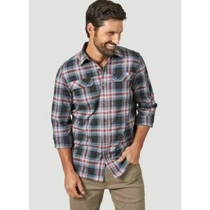 Wrangler ATG Men’s L Black Plaid Shirt Long Sleeve Button‑Up Outdoor EUC